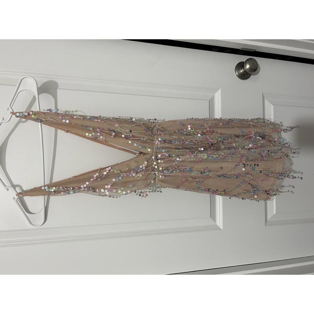 Hello Molly Beige Sequin Embellished Party Dress with Deep V Neck
